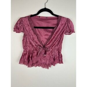 Y2K ALERT! Pink Crushed Velvet Cropped Tie Front Cardi